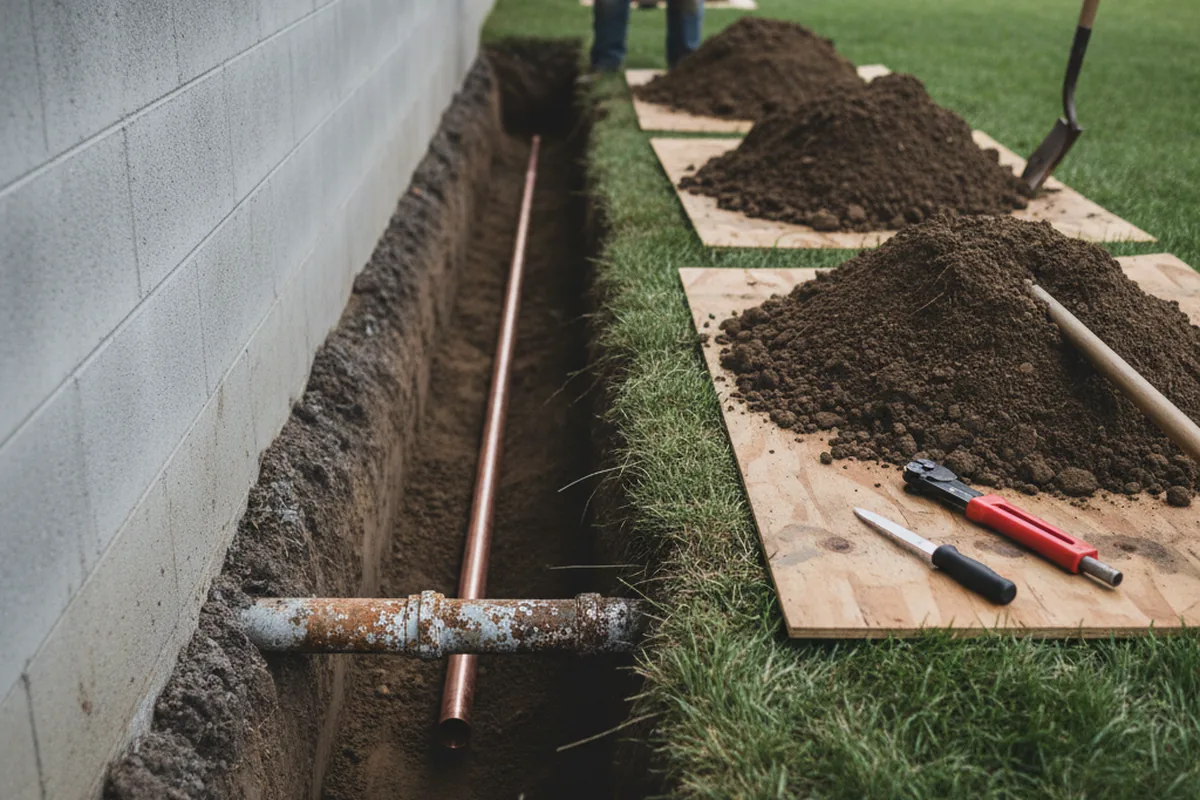 Excavated water line trench during Water Softener Installation in Bensenville